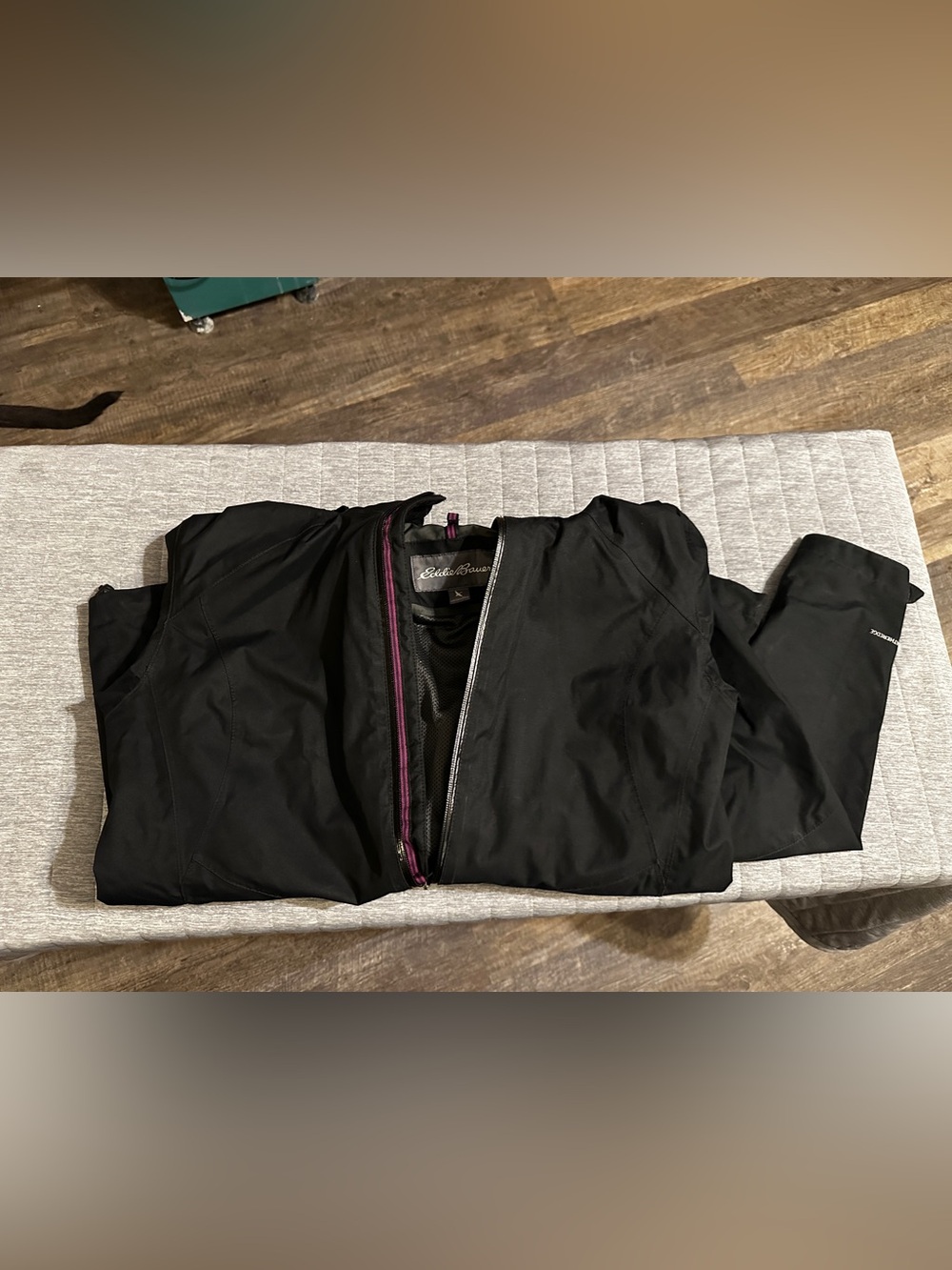Eddie Bauer Black Bomber Jacket with Purple Zip Trim